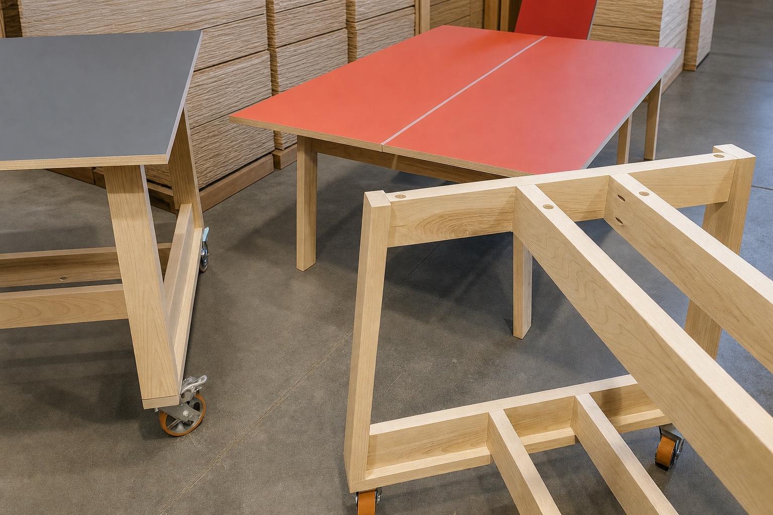 Red and gray Marmoleum work surfaces with modular wood frames